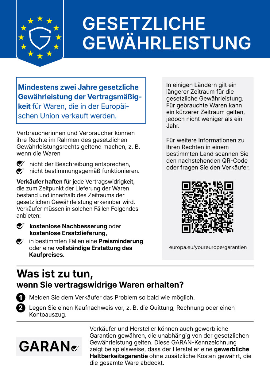 EU-Mitteilung zur gesetzlichen Gewährleistung: mindestens zwei Jahre gesetzliche Gewährleistung für neue Waren; kostenlose Abhilfe bei Mängeln durch Reparatur oder Ersatz, gegebenenfalls Preisminderung oder Erstattung. Diese Rechte gelten gegenüber dem Verkäufer.